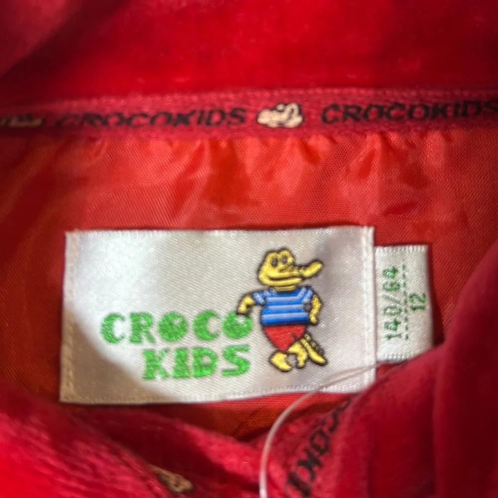 Croco kids red velvety dress mandarin collar‎ floral embroidery child 12 NWT